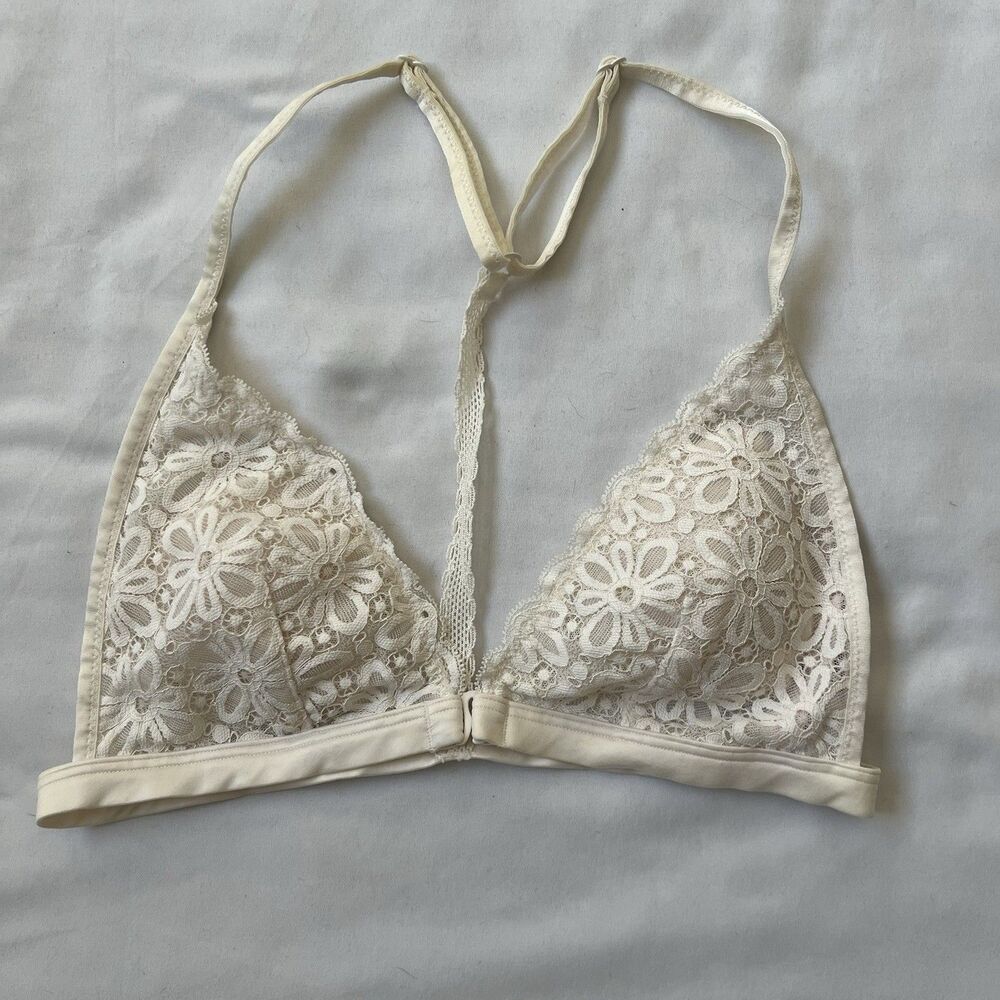 Victoria's Secret Lace Bralette Bra Triangle Y Back Ivory S Front Clasp Coquette